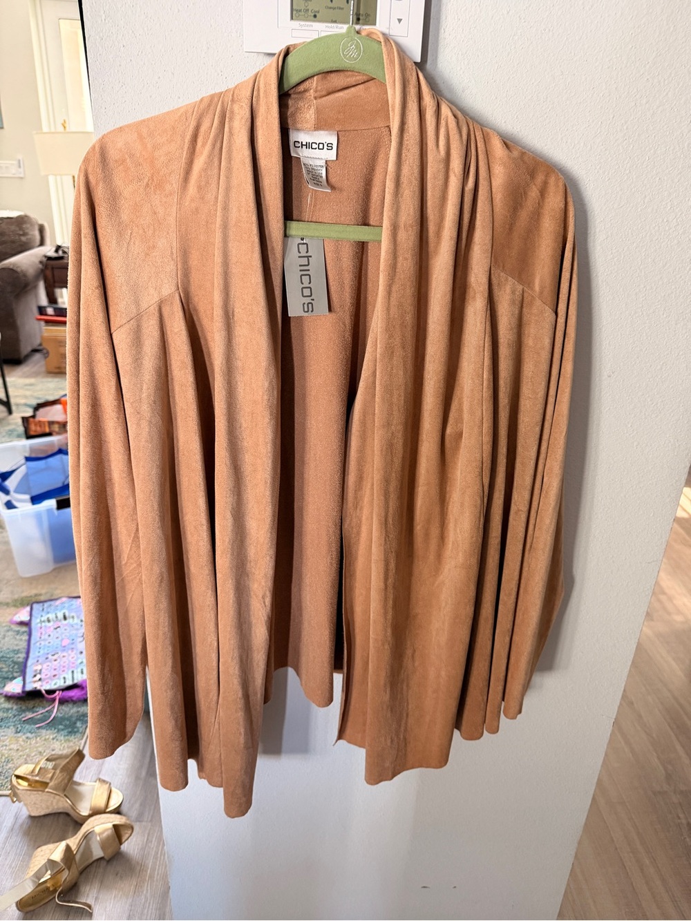 Chico's Lightweight Suede-Look Open Cardigan in Camel Brown